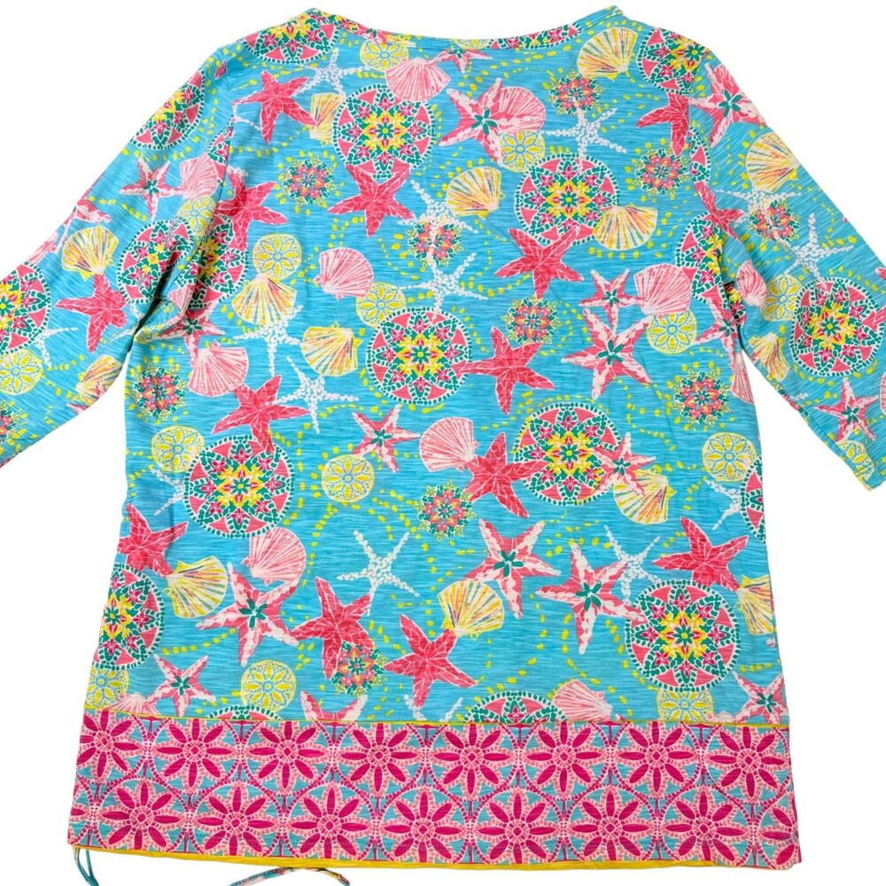 Casey Key Top Blue Pink Starfish Shell Coastal Ruched Studded Tee Size Large NWT - Picture 5 of 7